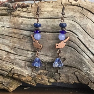 Blue Gemstone and Copper Bird Earrings