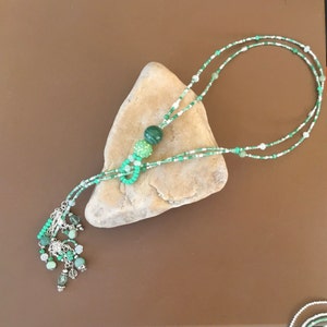 Teal Green, White, and Silver Long Double Strand Boho Lariat Charm Necklace
