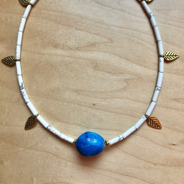 Aegean Blue Egyptian Faience “Donkey” bead on 17” White Turquoise beaded Choker w Gold Alloy Leaf Charms