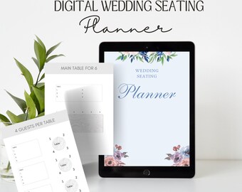 May include: Digital wedding seating planner displayed on a tablet and printed sheets. The tablet shows a light blue background with floral accents and the word "Planner". The printed sheets include table layouts for 4 and 6 guests.
