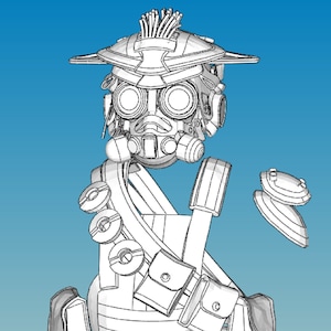 Puede incluir: Un dibujo en blanco y negro de un personaje del videojuego Apex Legends. El personaje lleva un casco, un chaleco y un cinturón con bolsas. El personaje sostiene un arma en su mano derecha.