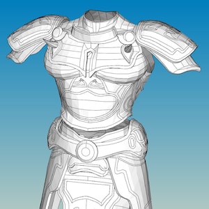 May include: A white wireframe model of a detailed, ornate, full-body suit of armor. The armor has a skirt, a chest plate, and shoulder pads.