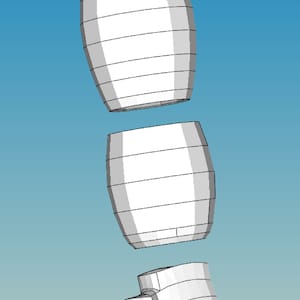 May include: A white paper model of a robot arm, disassembled into five sections. The arm is made of paper and has a segmented design.