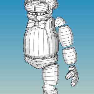 May include: A white wireframe model of a bear character with a top hat, bow tie, and segmented limbs. The model is posed in a standing position with one arm extended.