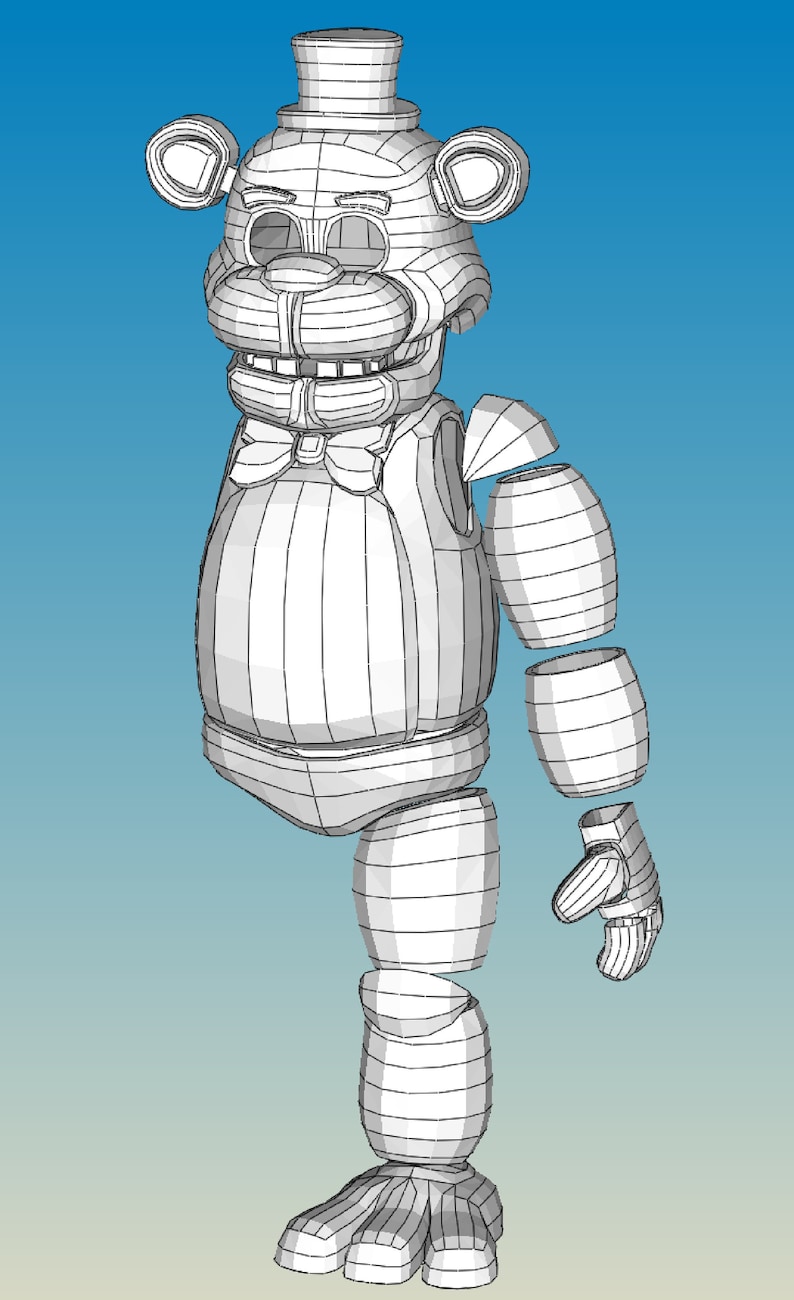 May include: A white wireframe model of a bear character with a top hat, bow tie, and segmented limbs. The model is posed in a standing position with one arm extended.