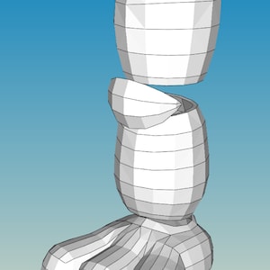 May include: A white 3D model of a leg with three toes. The leg is made up of three sections, each with a different shape. The top section is a cylinder, the middle section is a sphere, and the bottom section is a three-toed foot.
