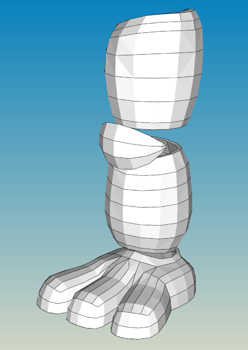 May include: A white 3D model of a leg with three toes. The leg is made up of three sections, each with a different shape. The top section is a cylinder, the middle section is a sphere, and the bottom section is a three-toed foot.