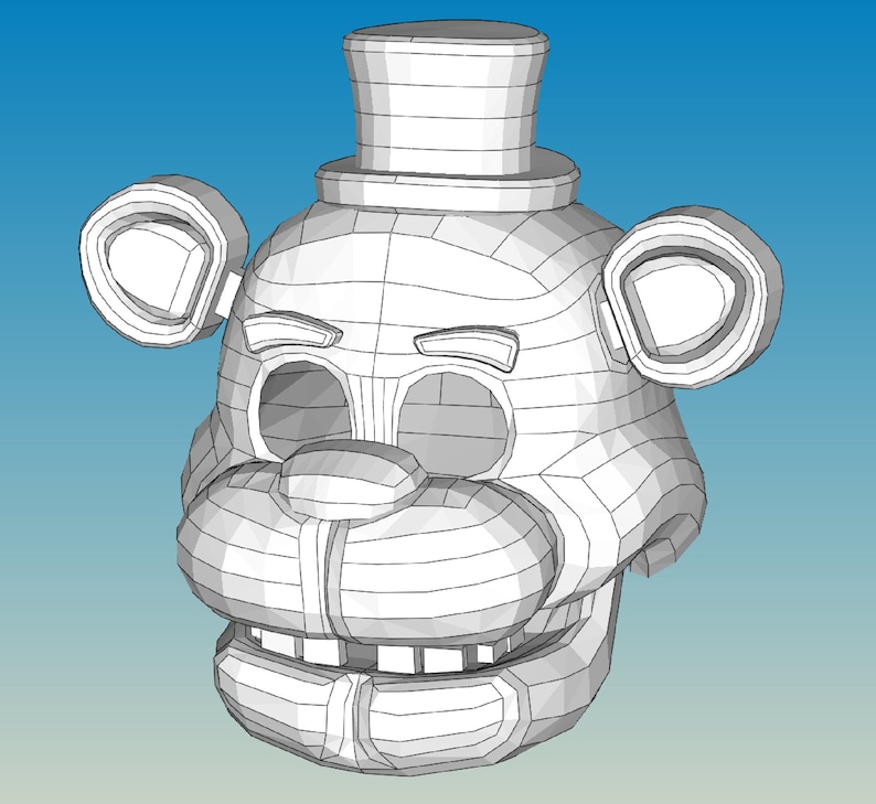 May include: A white, cartoon-style bear head with a black nose and mouth. The bear is wearing a black top hat. The head is made of paper and is designed to be assembled.