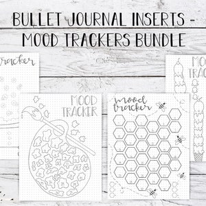 May include: Four printable mood tracker designs for bullet journaling. The designs include a bathtub, a paint palette, a honeycomb, and a stack of ice cream cones.