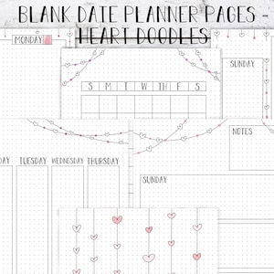 Undated Planner Pages - Heart Doodles, dot grid pages, bullet journal inserts, hand drawn, fill in your own dates, blank date, every month