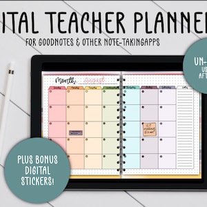 May include: A digital teacher planner on a tablet with a rainbow color scheme. The planner is undated and includes a month-long calendar view with a notes section. The text "Month: August" is visible. The planner also includes a bonus set of digital stickers.
