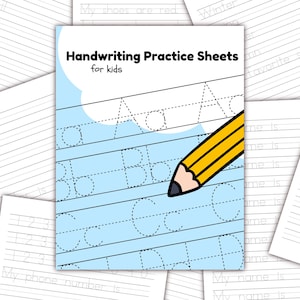 May include: Handwriting practice sheets for kids featuring a blue background with dotted lines for tracing the letters A, B, C, D, and E. A yellow pencil is shown tracing the letter B.