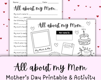 Druckbare Muttertagsaktivität und Geschenk | Alles über meine Mom Aktivität für Kinder, Geschenk zum Muttertag, Printable für Muttertag, Geschenk für Mama