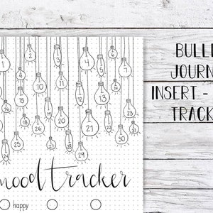 May include: A black and white printable mood tracker with a lightbulb design. The tracker has 31 lightbulbs, each with a number from 1 to 31. The text "mood tracker" is written below the lightbulbs. There are three circles below the text, labeled "happy".