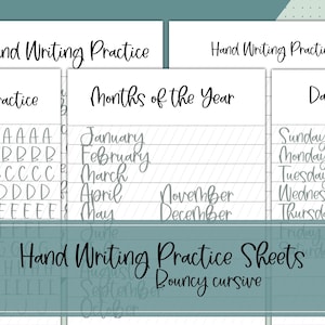 May include: Handwriting practice sheets with a bouncy cursive font. The sheets include the alphabet, months of the year, and days of the week.