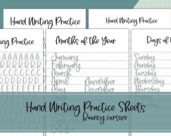 May include: Handwriting practice sheets with a bouncy cursive font. The sheets include the alphabet, months of the year, and days of the week.