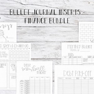 May include: A set of printable bullet journal inserts for tracking finances. The inserts include a savings tracker, a monthly budget tracker, a debt snowball tracker, and a debt pay-off tracker. The inserts are designed to help you track your spending, savings, and debt.