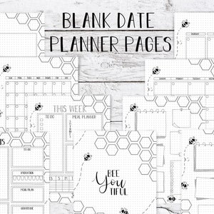 Undated Planner Pages - Bee Hive Theme, dot grid background, weekly spread, monthly spread, to do list, weekly overview, daily planner