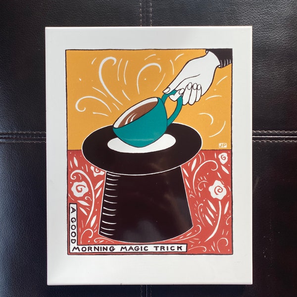 1994 Julie Paschkis "A Good Morning Magic Trick" Coffee-Themed Ceramic Tile
