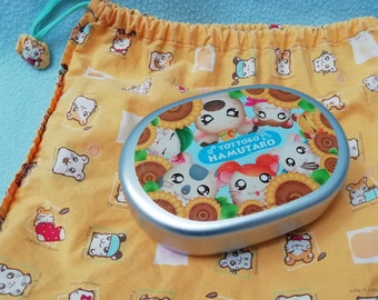 Vintage Hamutaro Tottoko Hamtaro Steel Bento Lunch Box Cotton Cloth Bag/ Made in Japan / Metal Container / Kawaii Hamster Anime TV Retro