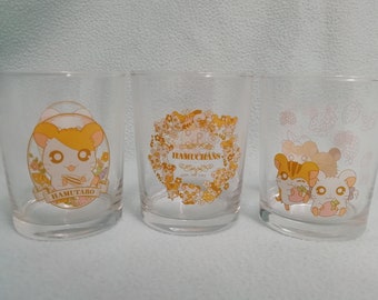 Vtg Hamutaro 3.25&quot; Drinking Glass Set of 3 Hamtaro Ribbon Bijou Penelope Pashmina Sandy/ Kawaii Cute Japan Anime Manga Hamster Collection