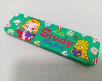 Vintage Ribon A. Yazawa Tin Pencil Box Ruler Set Shojo Manga Kawaii Ribon Hecho en Japón Anime Big Eye Boy Girl Papelería coleccionable