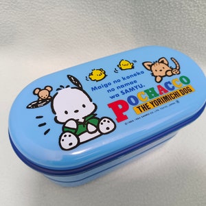 Lonchera vintage Sanrio Pochacco de 1994 con palillos / Dibujo animado de perro Yorimichi kawaii / Lonchera bento de doble capa / Fabricada en Japón