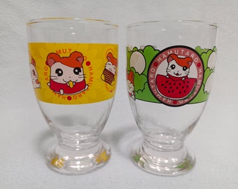 Vintage Tottoko Hamutaro Drinking Glass Set Pair Color Changing Hamtaro / Kawaii Cute Japan Anime Manga Hamster Collection