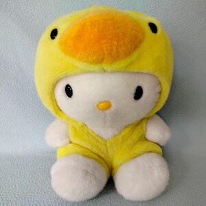 Costume vintage rare de canard jaune Hello Kitty transformant la poupée en peluche Sanrio 10" peluche peluche rétro Japon mascotte chat kawaii
