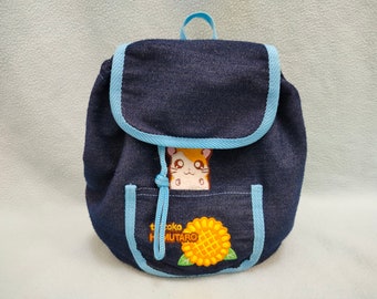Vintage Tottoko Hamutaro Backpack Denim Drawstring Mini Bag Kids / Kawaii Japan Anime Mange Hamtaro Hamster Cute Retro