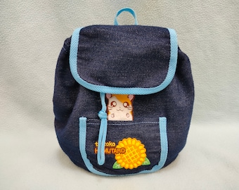 Vintage Tottoko Hamutaro Backpack Denim Drawstring Mini Bag Kids / Kawaii Japan Anime Mange Hamtaro Hamster Cute Retro