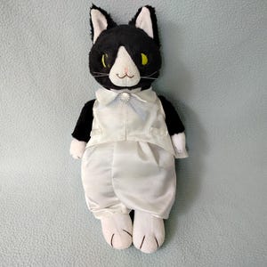 Black Cat in White Shirt Ribbon Tie Plush 13" Dress Up Stuffed Animal Soft Toy Decor Retro Japan Mascot Cat Cartoon Kawaii