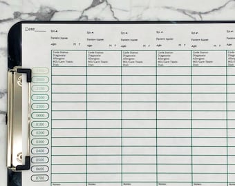 Organizzatore del turno infermieristico, pianificatore giornaliero dell'infermiere, farmaci e attività da svolgere foglio di arrotondamento orario per più pazienti stampabile