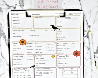 Foglio di relazione infermieristica a tema autunnale, Cervello infermiera girasole, Rapporto di consegna di Surg Med autunnale stampabile, Turno diurno e notturno