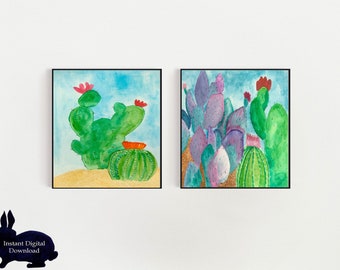 Set di stampe di cactus acquerellati, decorazioni per cameretta nel deserto (download digitale)