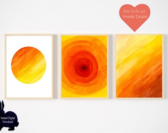Set di stampe artistiche ad acquerello sfumate giallo-arancio, decorazioni per la casa astratte (scaricabili)
