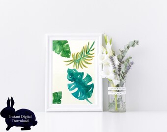 Acquerello tropicale Monstera lascia arte, decorazioni per la casa botanica, download digitale istantaneo Wall Art