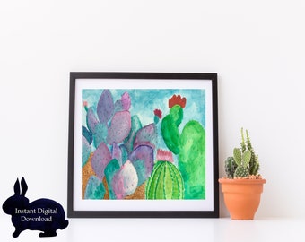 Stampa di cactus ad acquerello, arte botanica dell'oasi nel deserto (download digitale)