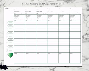 Pianificatore del turno infermieristico di 8 ore, farmaco orario e foglio delle attività, organizzatore del turno RN, infermiere da fare stampabile