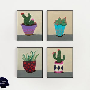 Set of 4 Botanical Prints, Succulent Wall Art, Cactus Print Set, Succulent Art Printable, Cactus Nursery Décor, Digital Download Art