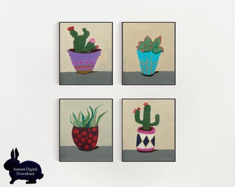 Stampe artistiche di cactus e piante grasse, set di 4 (download digitale)