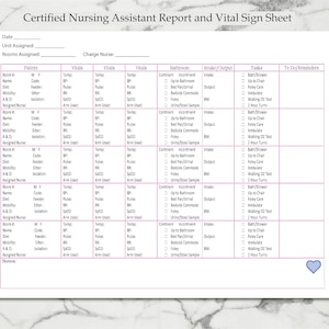 CNA Report Sheet, Vital Signs Printable, Nursing Assistant Brain, Patient Care Tech, Shift Planner