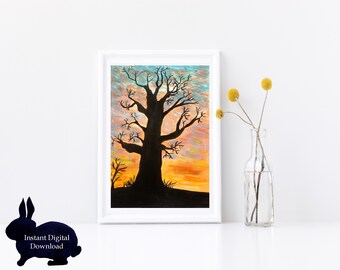 Stampa artistica di un albero al tramonto in acquerello, decorazione murale naturalistica (download digitale)