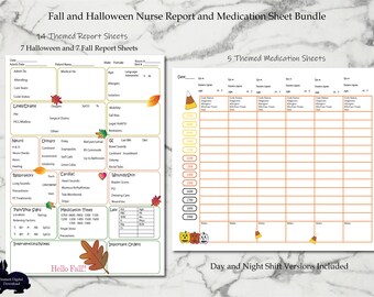 Foglio di rapporto infermieristico, Cervello infermiere autunnale, Rapporto di Handoff Med Surg stampabile, Turno diurno e notturno, Pacchetto autunno e Halloween