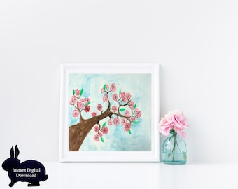 Stampa di fiori di ciliegio ad acquerello, Sakura giapponese, arte murale botanica (download digitale)