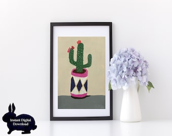 Stampa acrilica di cactus, vaso geometrico, arte murale botanica (download digitale)
