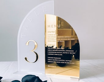 Table Numbers with Menu | Wedding Acrylic Table Numbers Wedding Menu Sign | Modern Wedding Sign | Arched Gold Table Decor