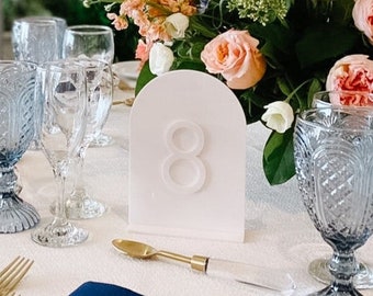 Acrylic Wedding Table Numbers | White on White Acrylic Table Numbers Event Table Setting | Modern Wedding Sign | Arched Gold Table Decor