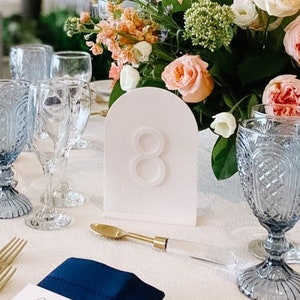 Acrylic Wedding Table Numbers | White on White Acrylic Table Numbers Event Table Setting | Modern Wedding Sign | Arched Gold Table Decor