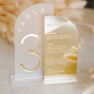 Table Numbers with Menu | Wedding Acrylic Table Numbers Wedding Menu Sign | Modern Wedding Sign | Arched Gold Table Decor